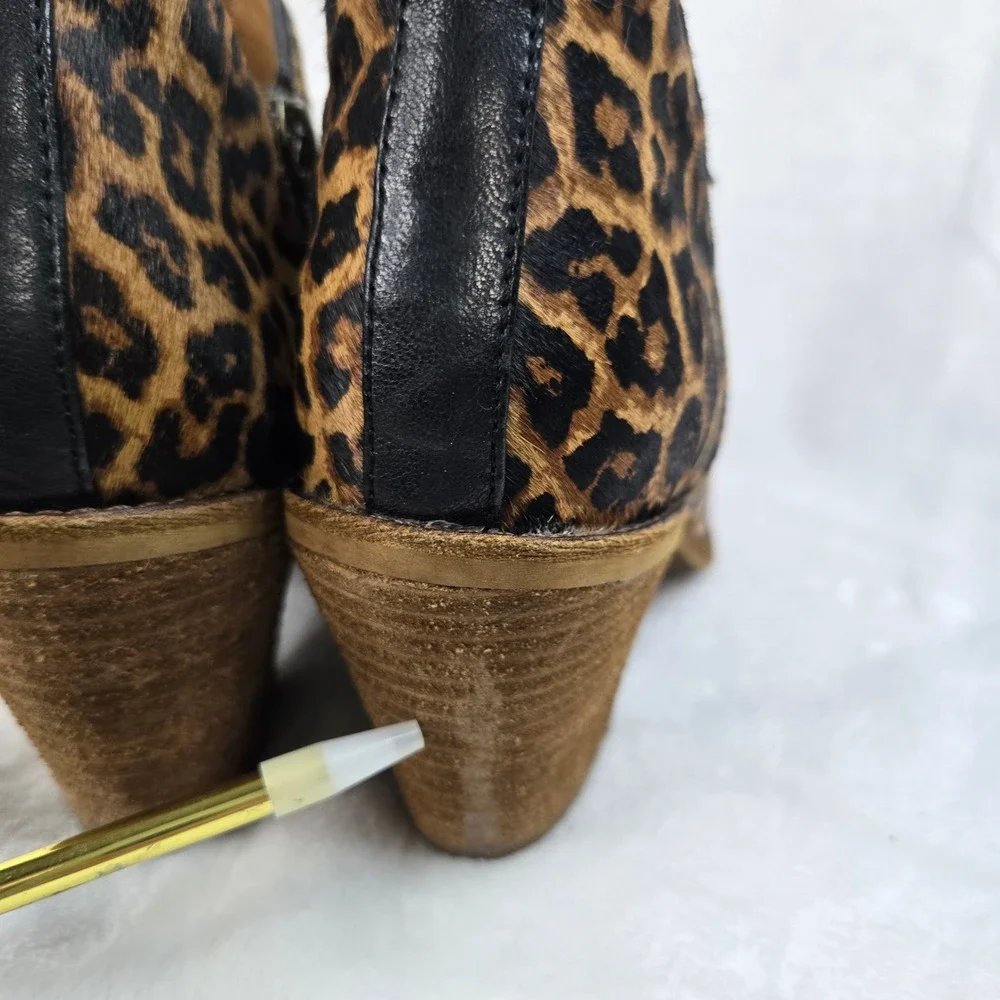 Sofft Leopard Print Cow Hair Ankle Booties Brown Black Block Heel 8M SF0034900